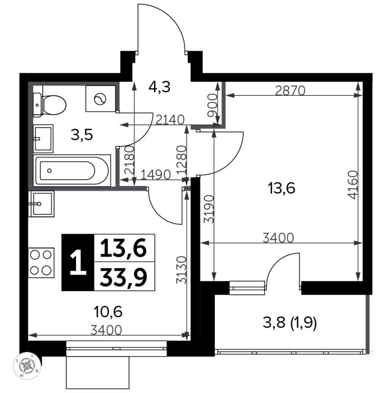 1 ккв 34,4 м²