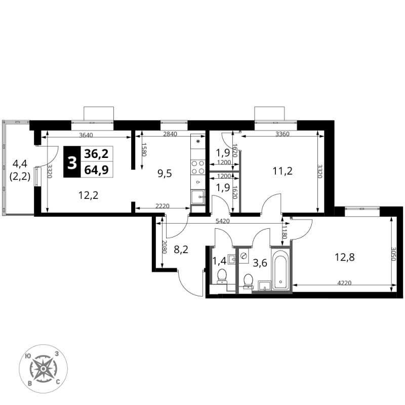 3 ккв (Евро) 64,9 м²