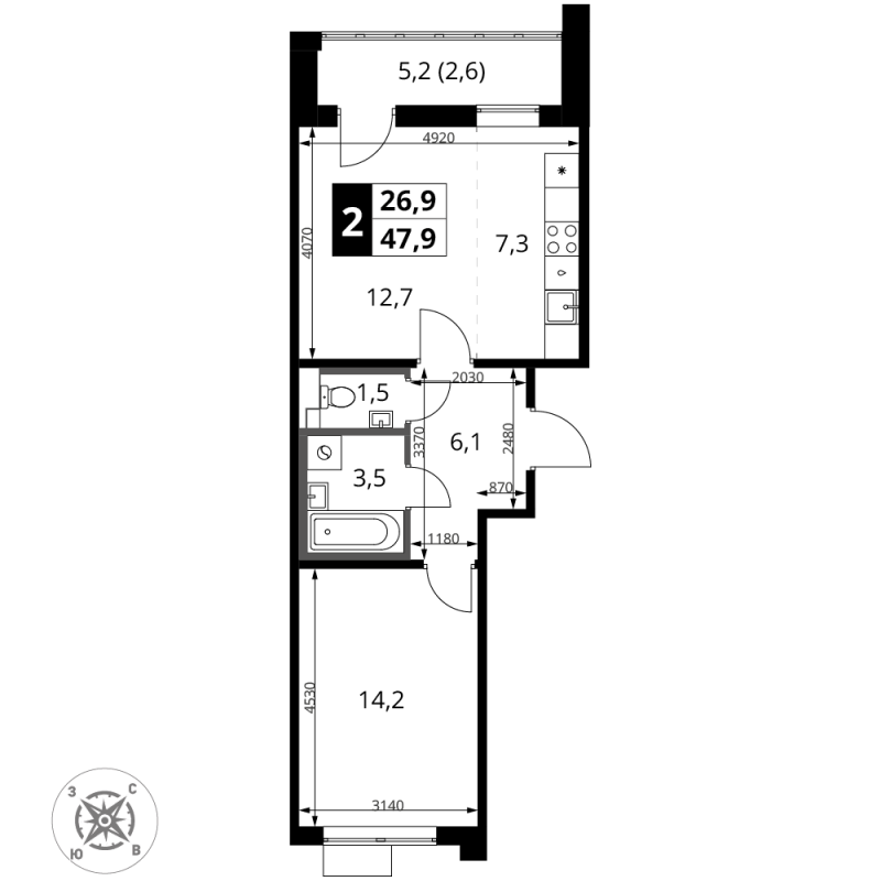 2 ккв (Евро) 47,9 м²