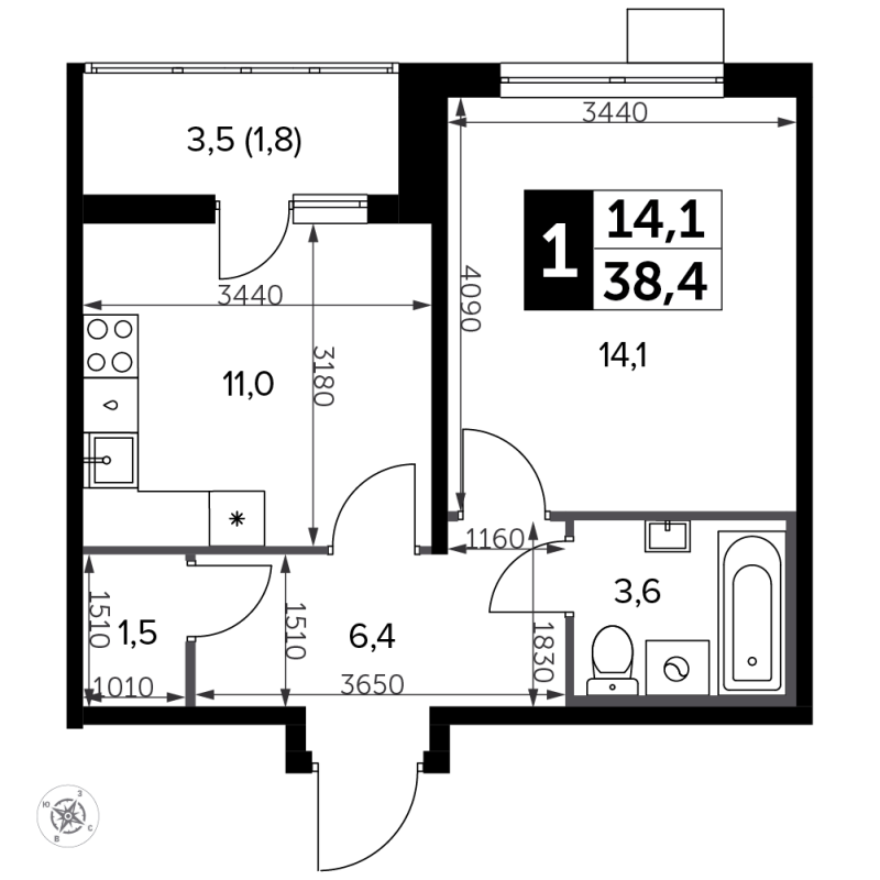 1 ккв 38,8 м²