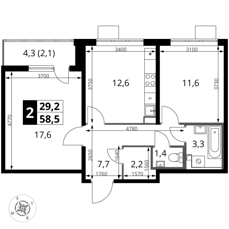 2 ккв 58,4 м²
