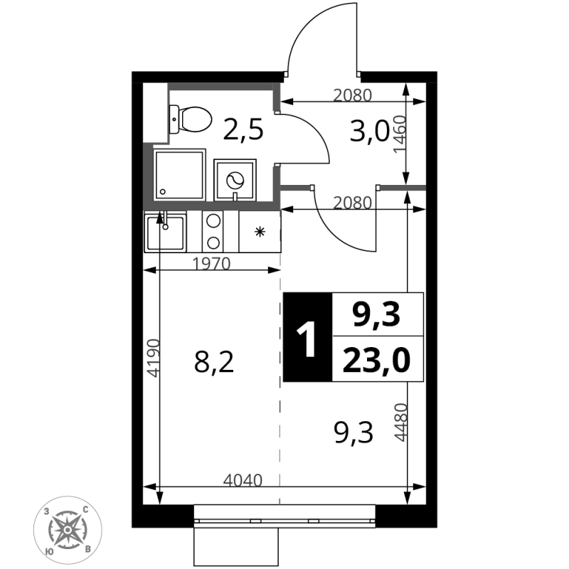 Студия 23 м²