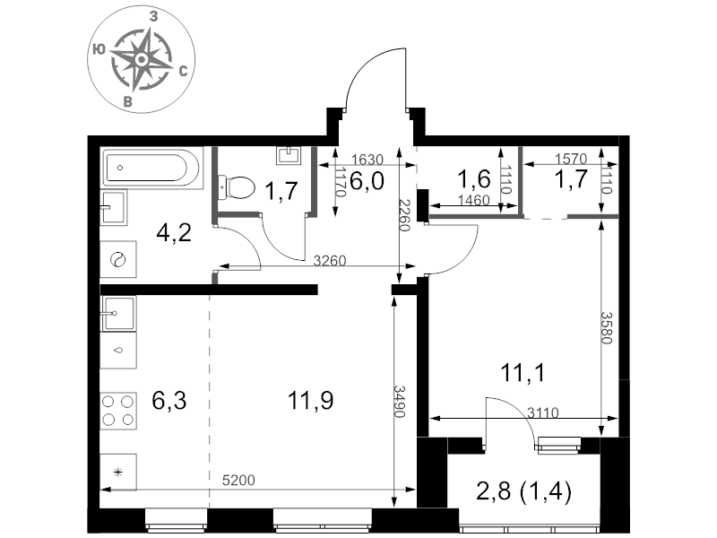 2 ккв (Евро) 45,9 м²