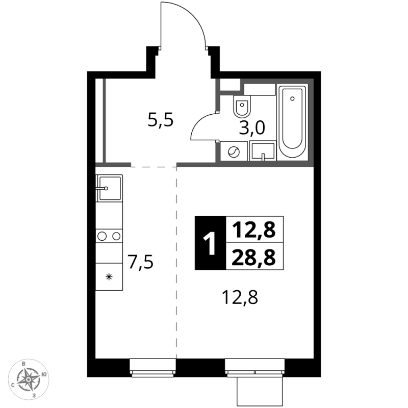 Студия 28,8 м²