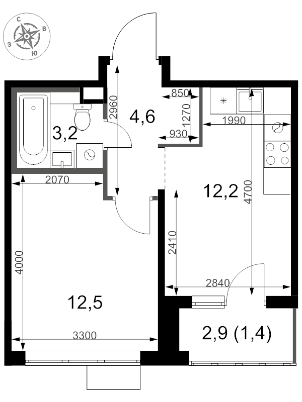 1 ккв 33,9 м²