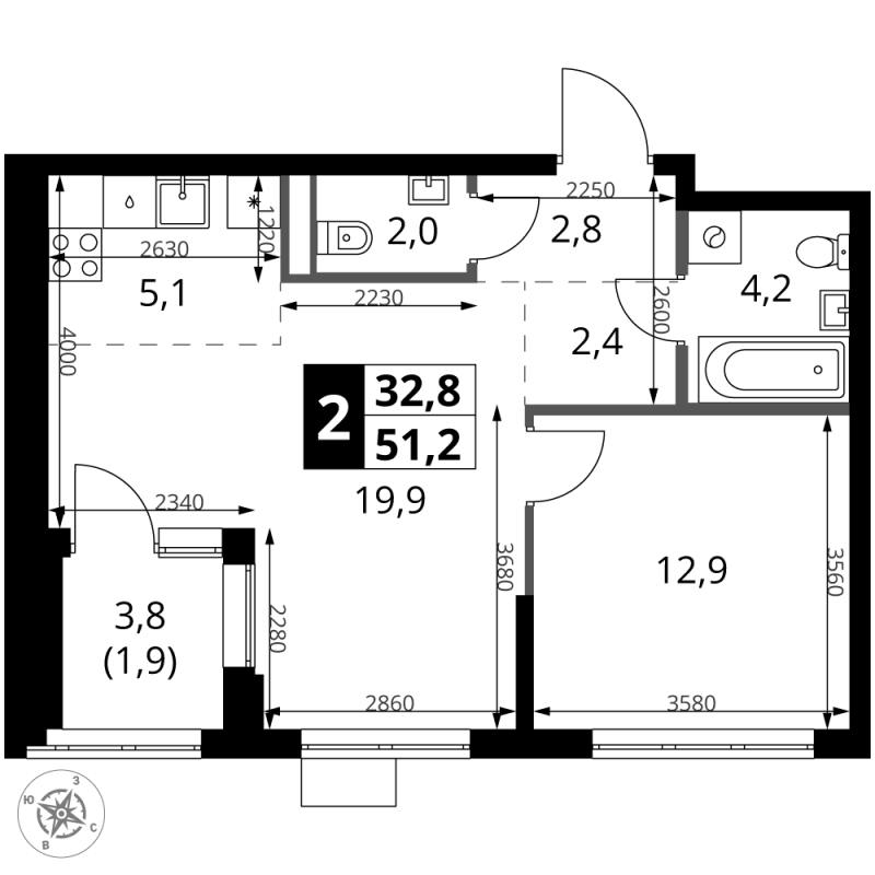 2 ккв (Евро) 51,2 м²