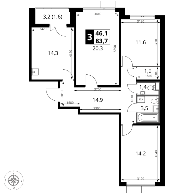 3 ккв 83,7 м²