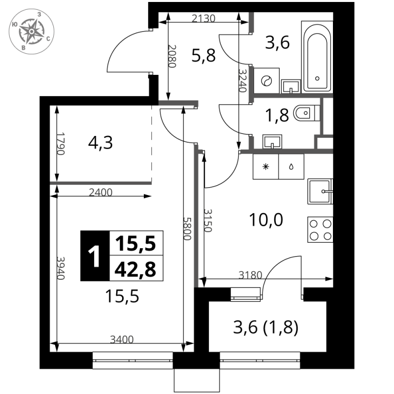 1 ккв 43 м²
