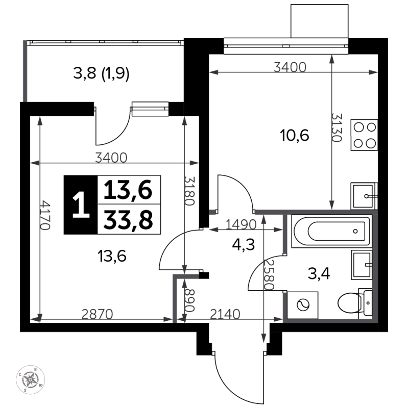 1 ккв 34,3 м²