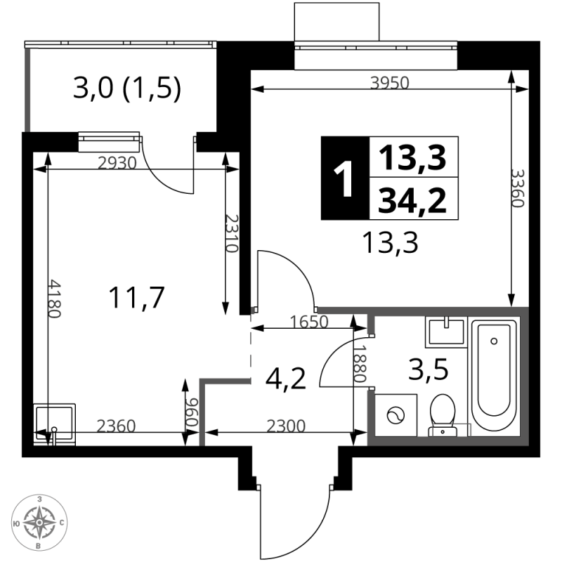 1 ккв 34,2 м²