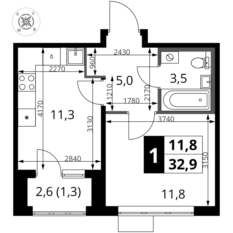 1 ккв 32,9 м²