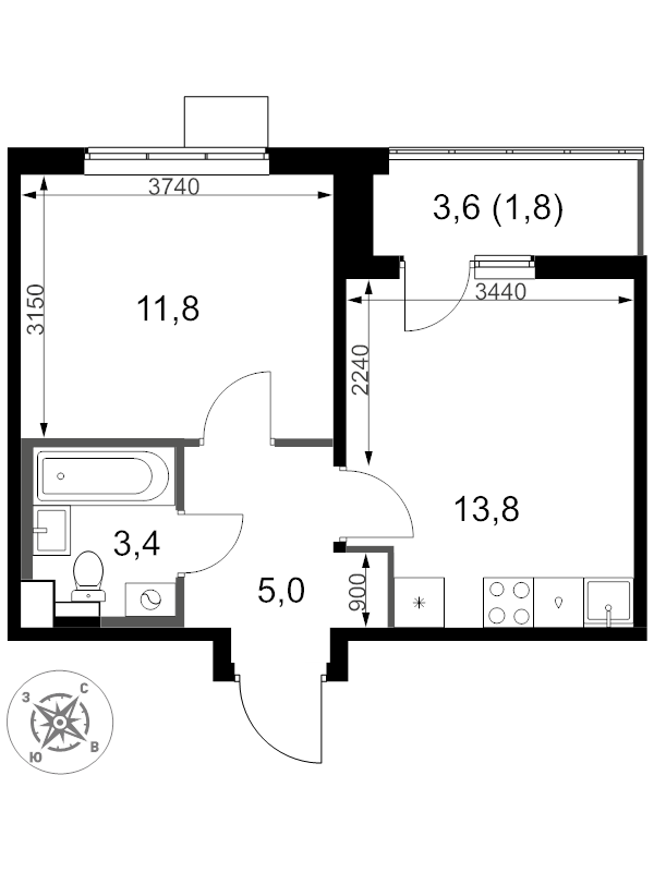 1 ккв 35,8 м²