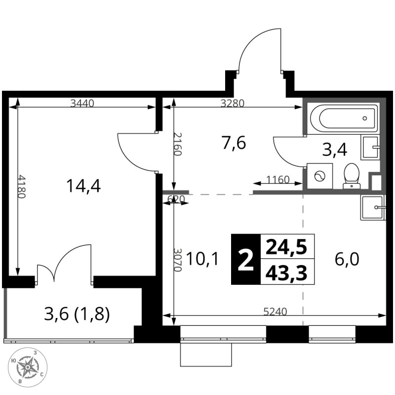 2 ккв (Евро) 43,3 м²