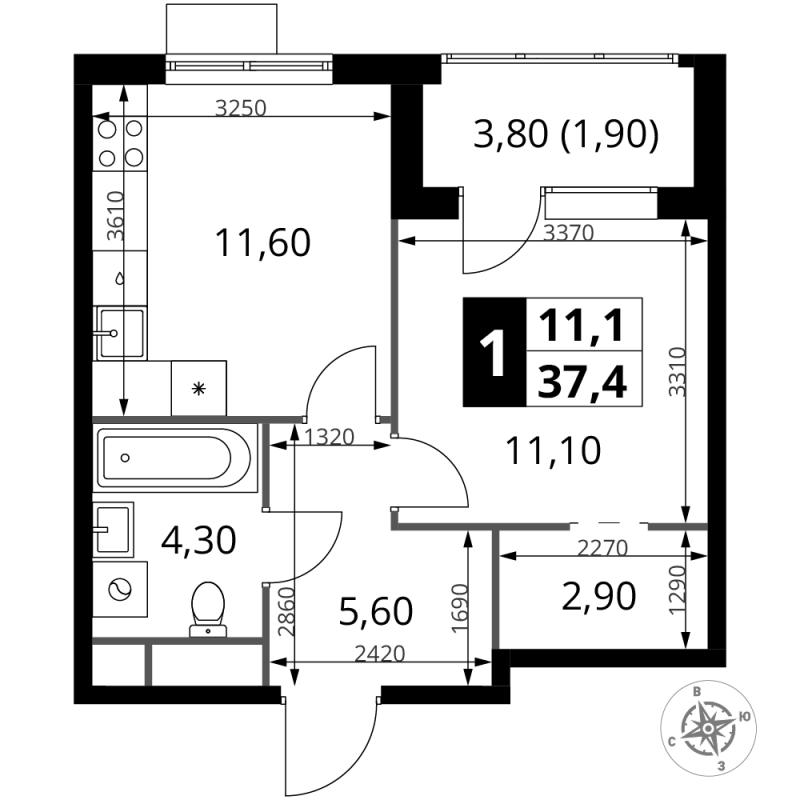 1 ккв 37,4 м²