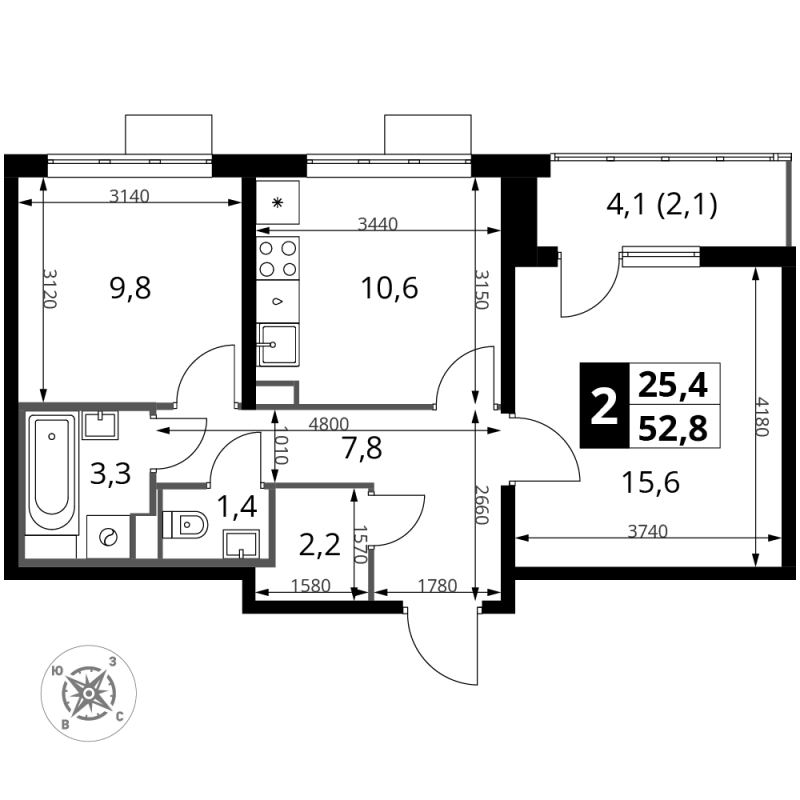 2 ккв 52,8 м²