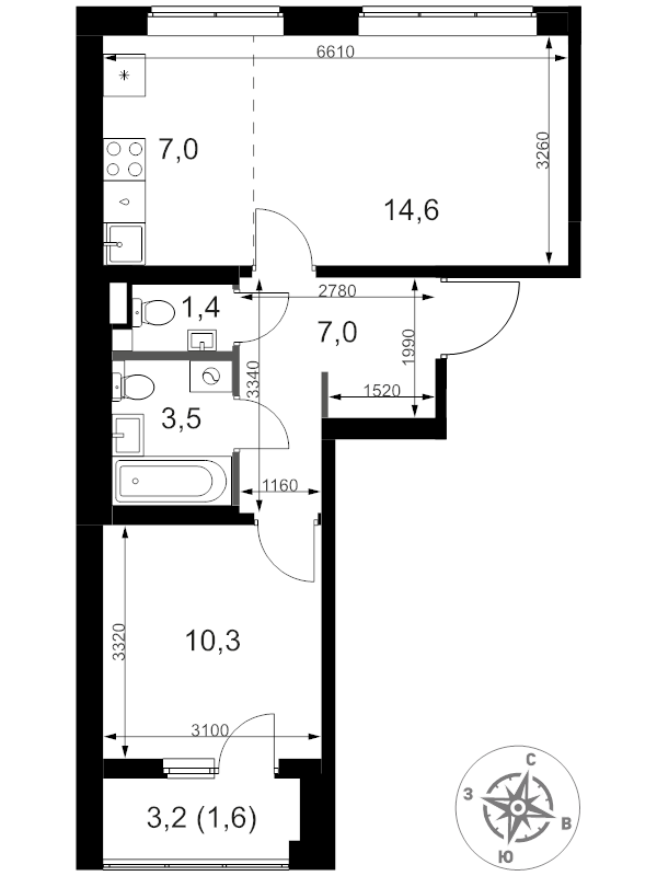 2 ккв (Евро) 45,4 м²