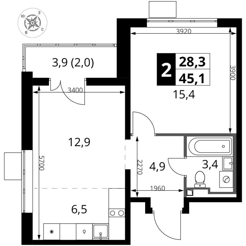 2 ккв (Евро) 45,1 м²