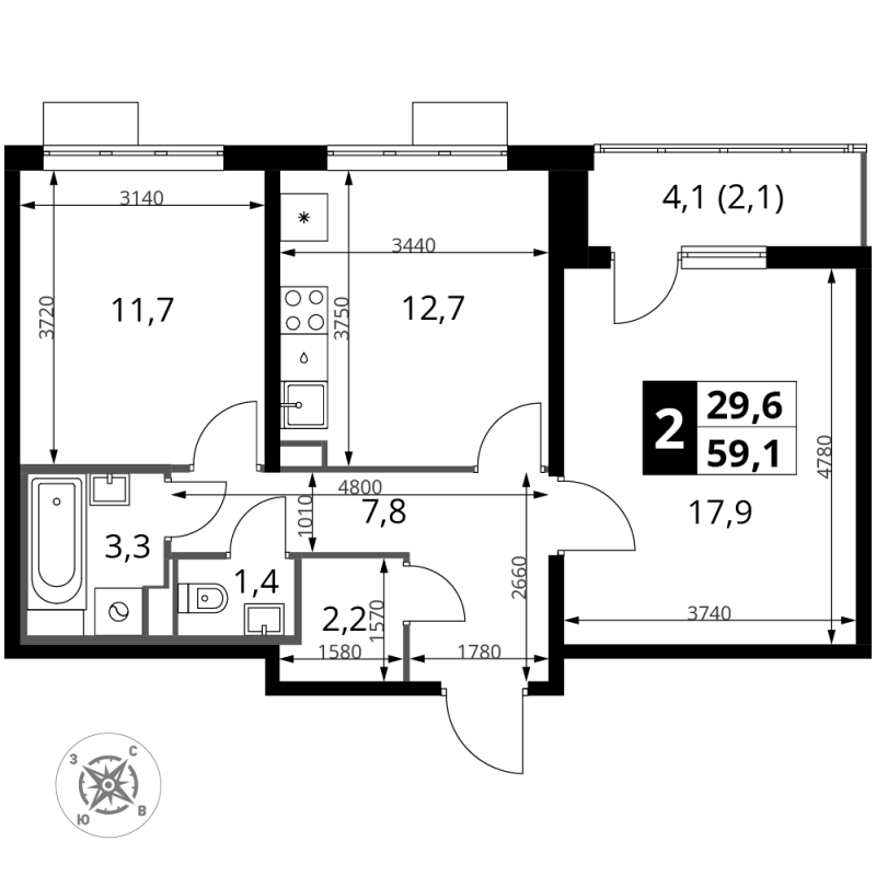 2 ккв 59,1 м²