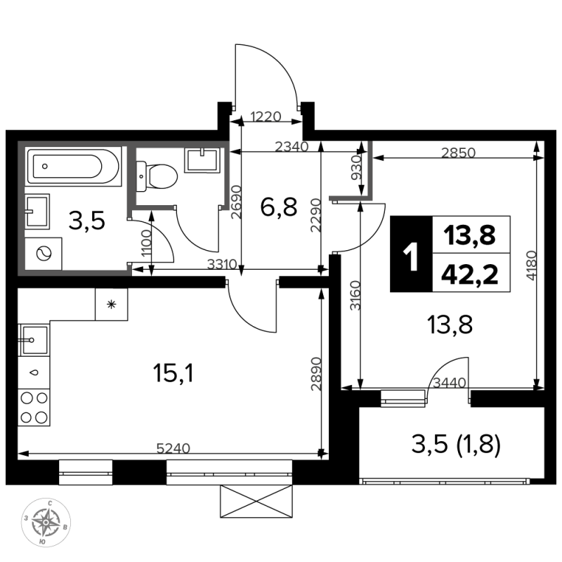 2 ккв (Евро) 42,3 м²