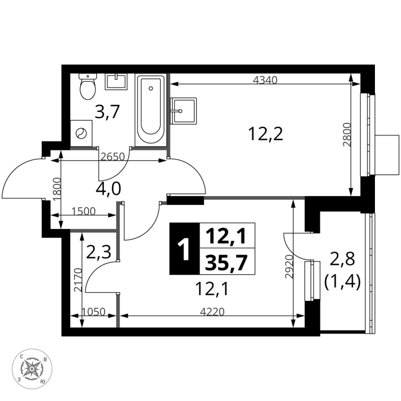1 ккв 35,7 м²