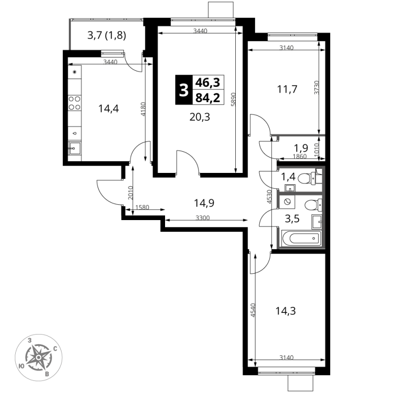 3 ккв 84,2 м²