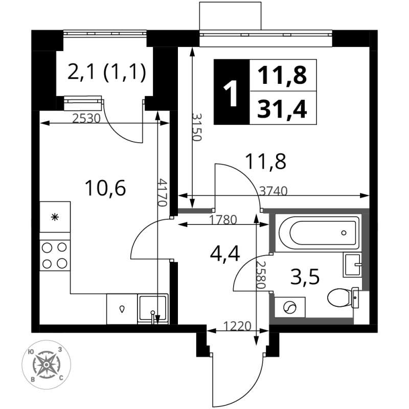 1 ккв 31,4 м²