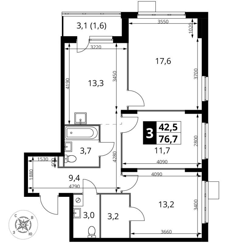 3 ккв 76,7 м²