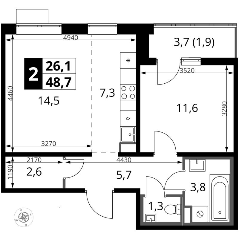 2 ккв (Евро) 48,7 м²