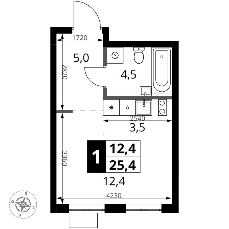Студия 25,4 м²