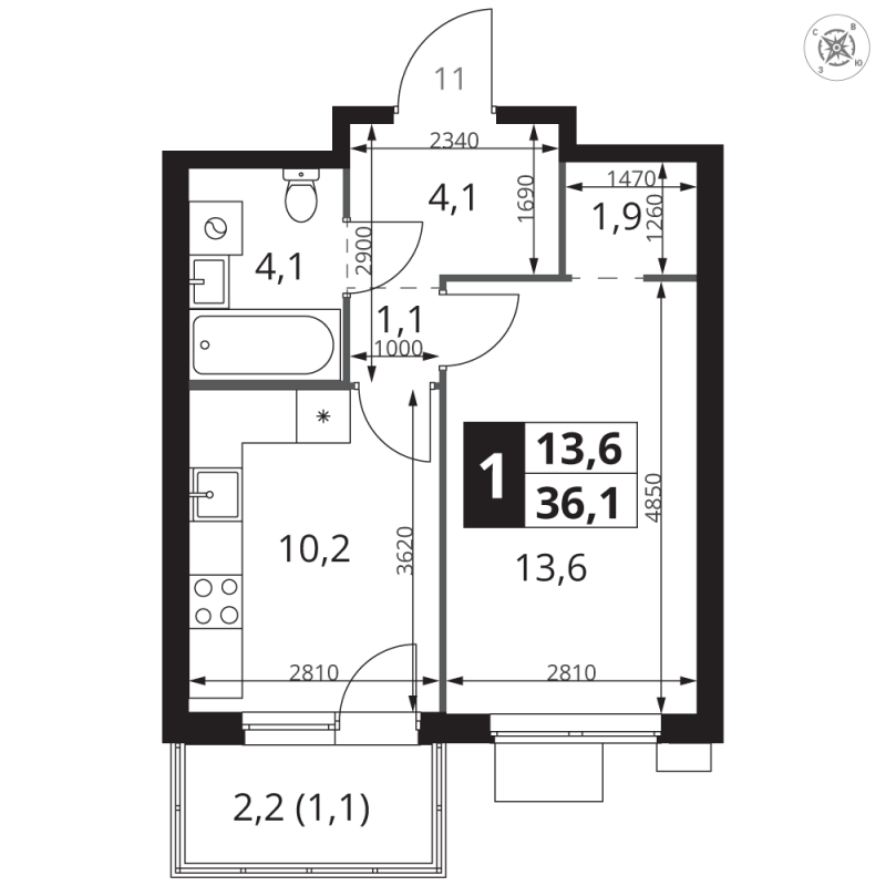 1 ккв 36,1 м²