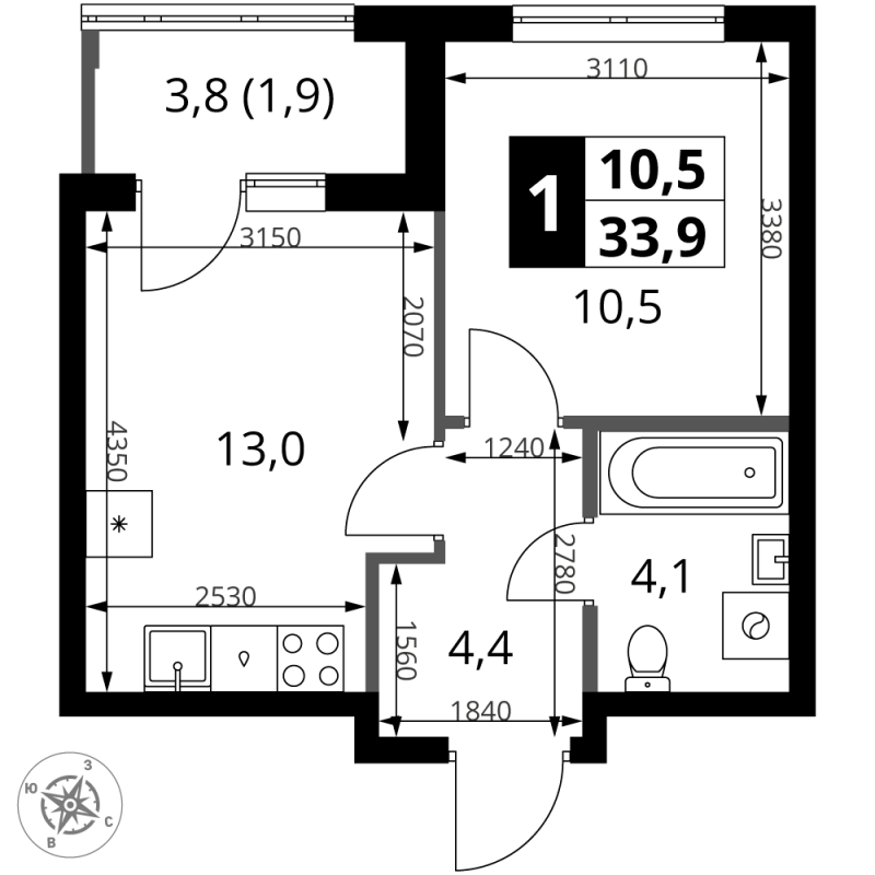 1 ккв 34,3 м²
