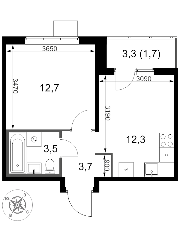 1 ккв 33,9 м²