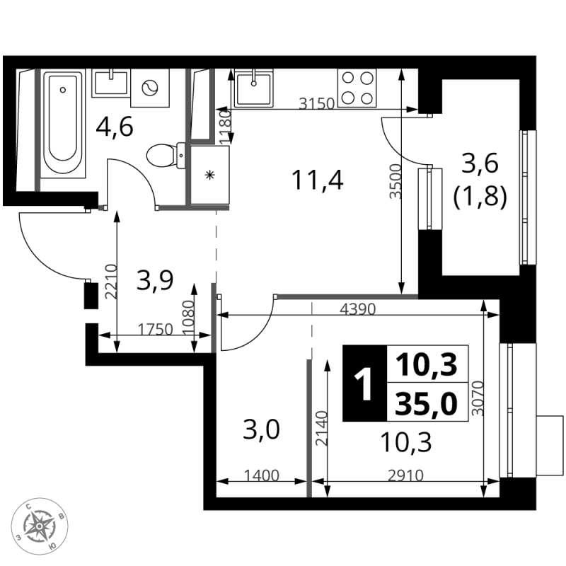 1 ккв 35 м²