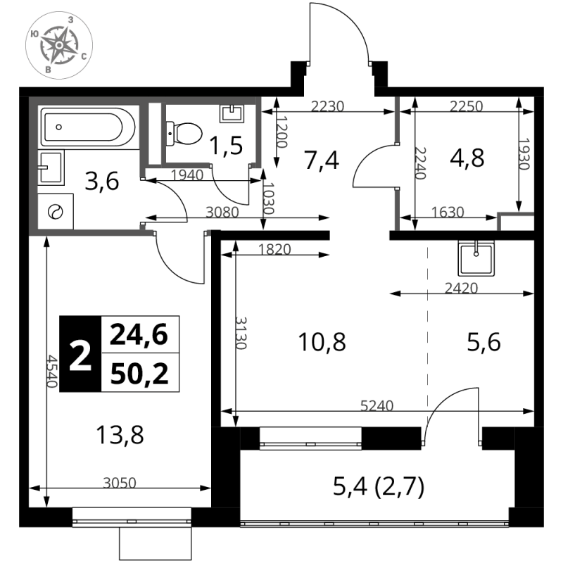 2 ккв (Евро) 50,2 м²
