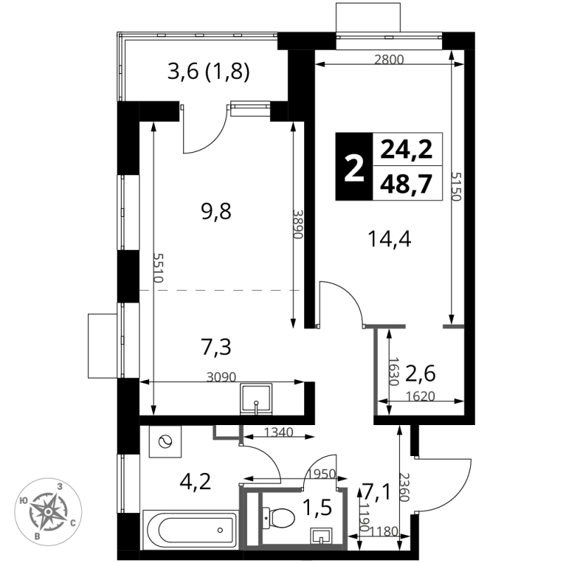 2 ккв (Евро) 48,7 м²