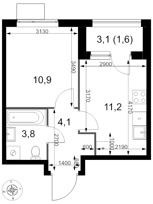 1 ккв 31,6 м²
