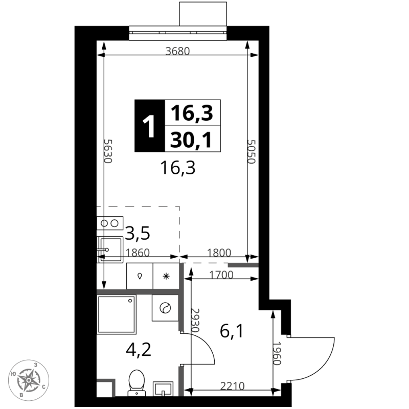 Студия 30,1 м²