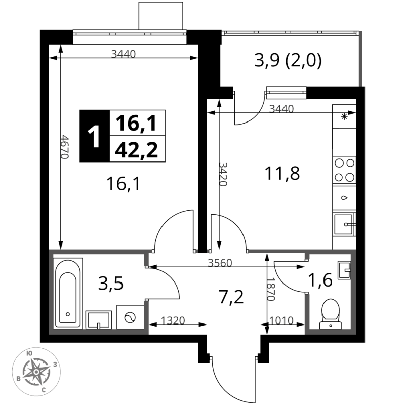 1 ккв 42,1 м²