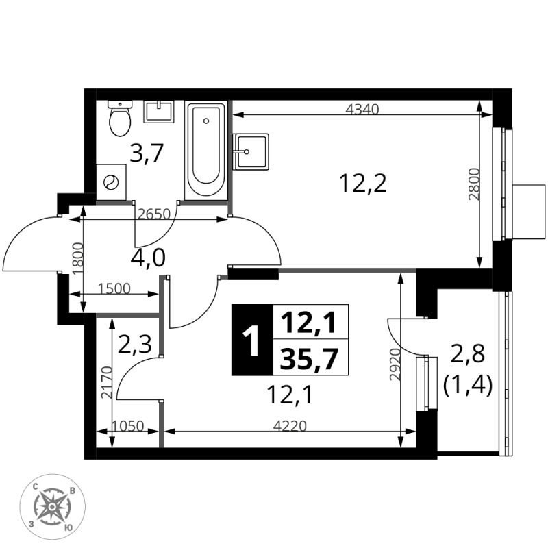 1 ккв 35,7 м²