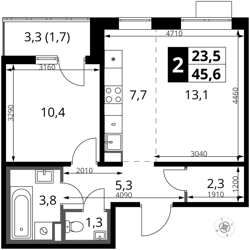 2 ккв (Евро) 45,6 м²