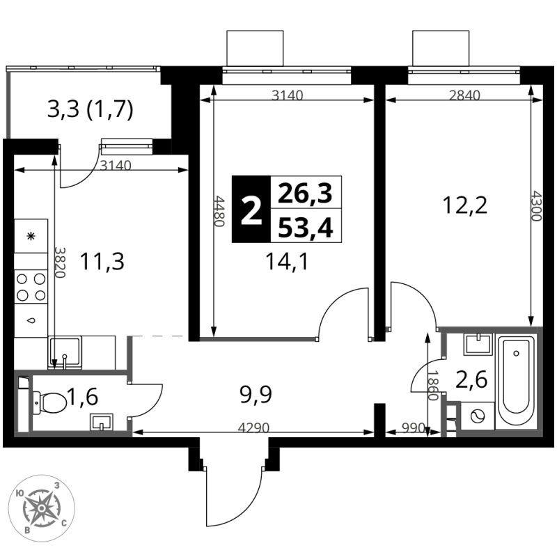 2 ккв 53,4 м²