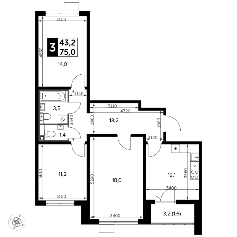 3 ккв 75 м²