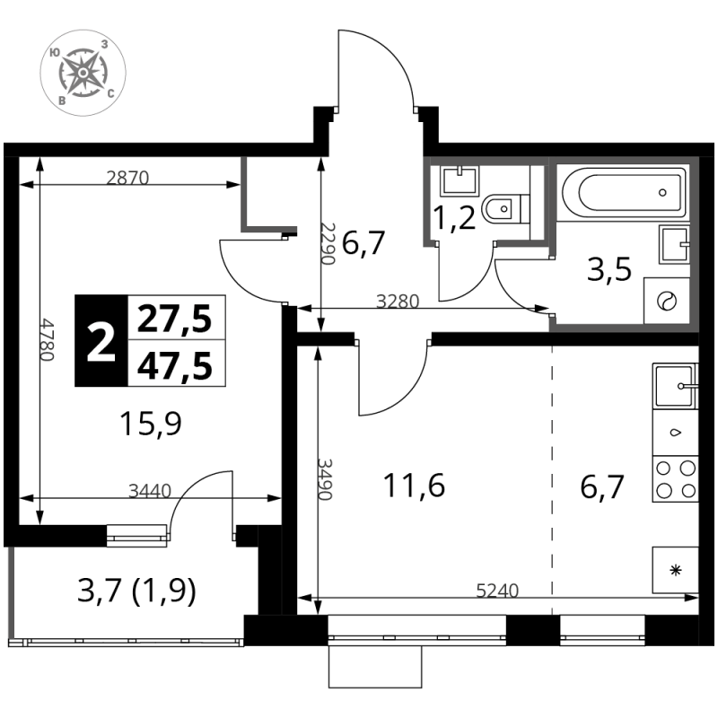 2 ккв (Евро) 47,7 м²