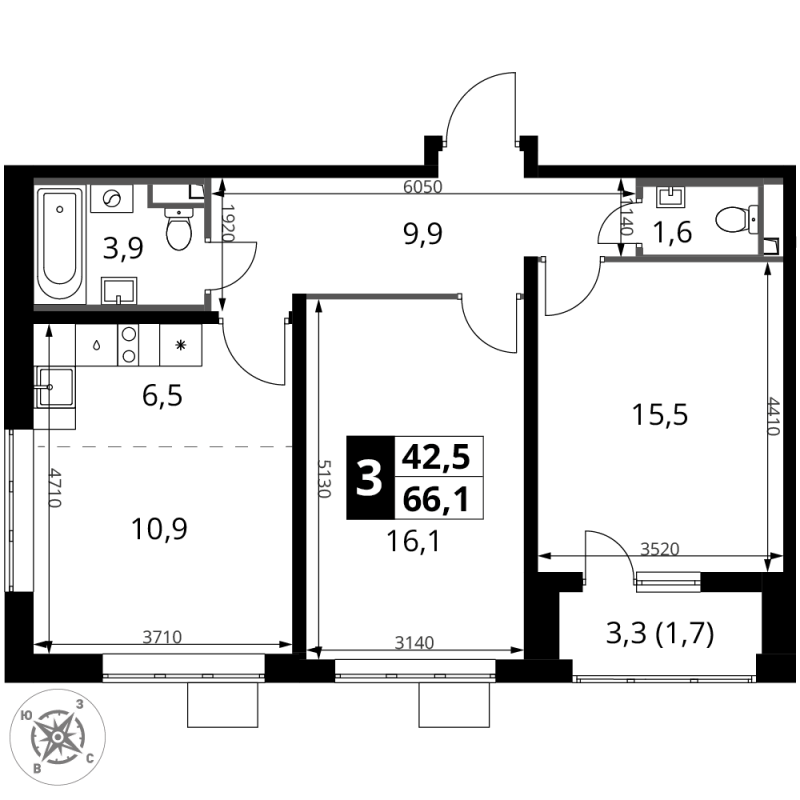 3 ккв (Евро) 66,1 м²
