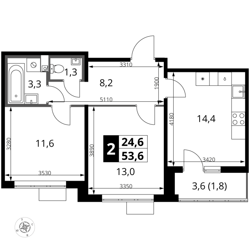 2 ккв 53,6 м²