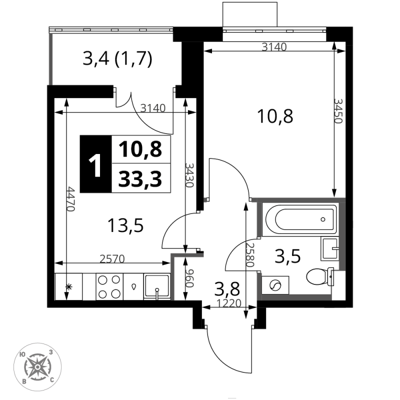 1 ккв 33,3 м²