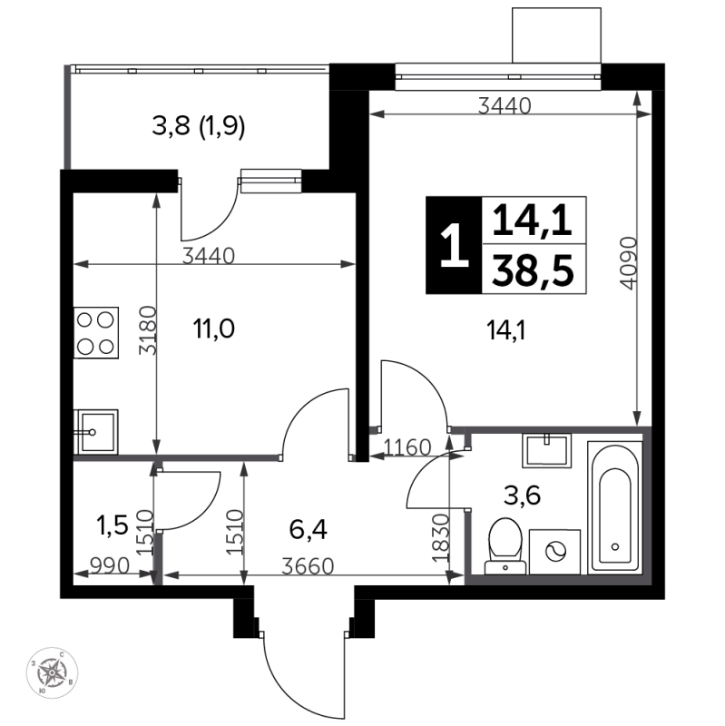 1 ккв 38,8 м²