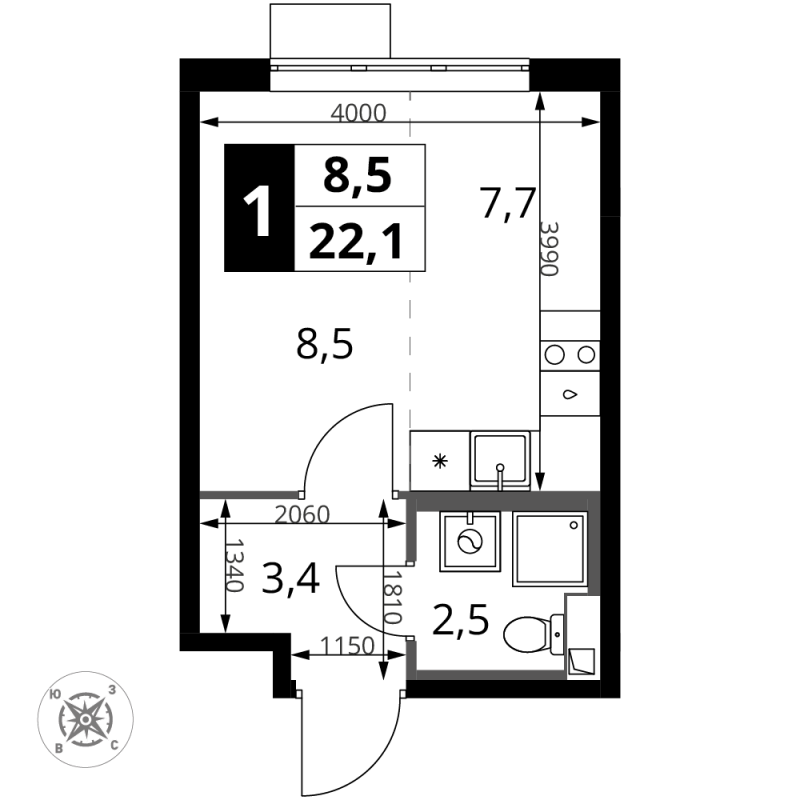 Студия 22,1 м²