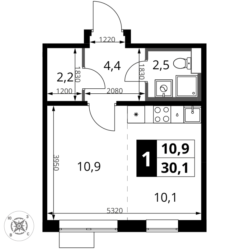 Студия 30,1 м²
