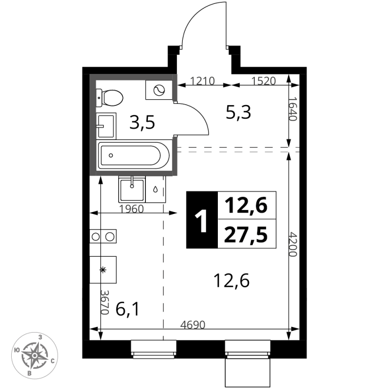 Студия 27,5 м²
